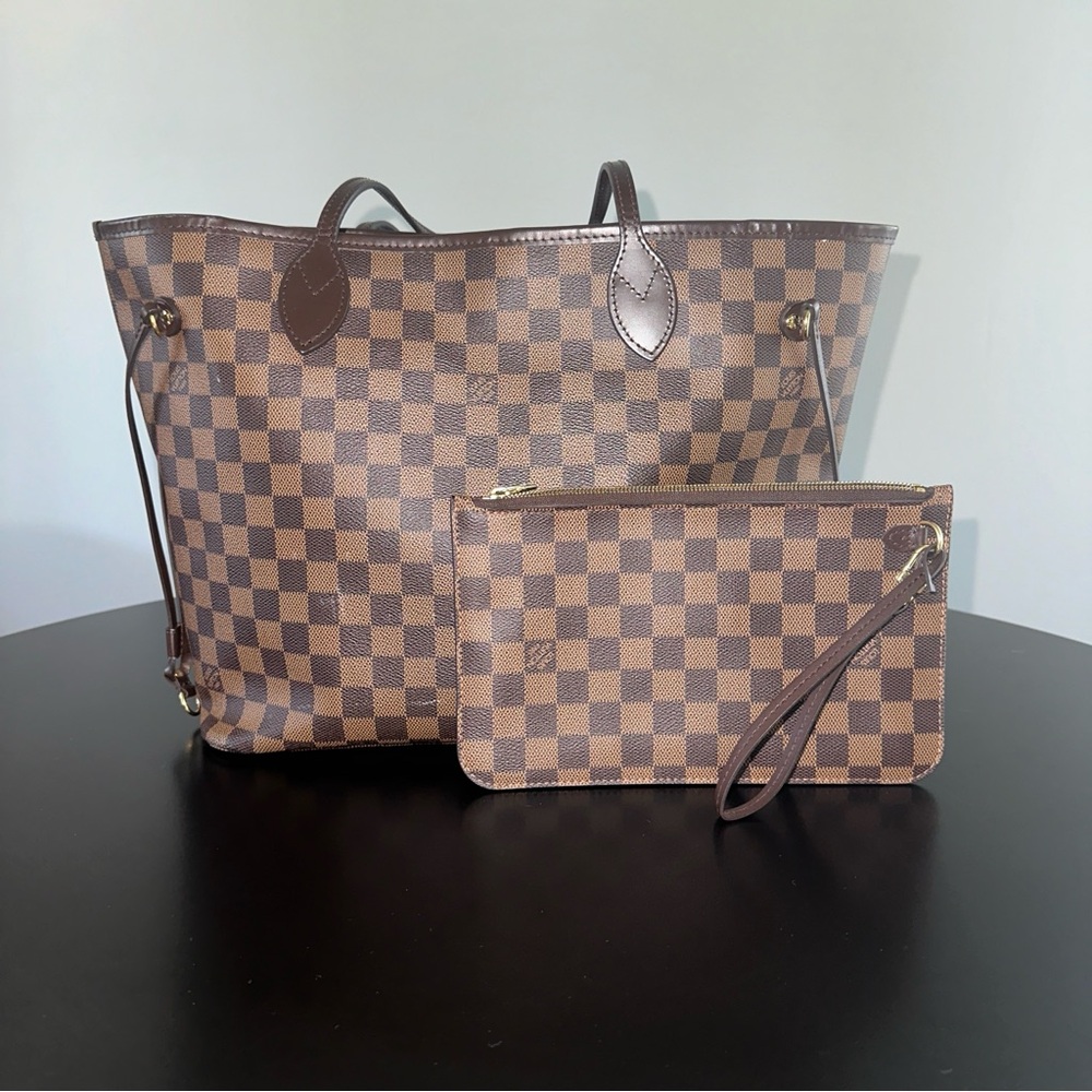 Louis Vuitton Neverfull MM Damier Ebene Tote and Clutch w/ Cherry Lining